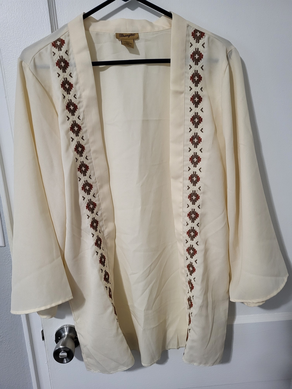Wrangler Cream Open Front Kimono with Brown Embroidery